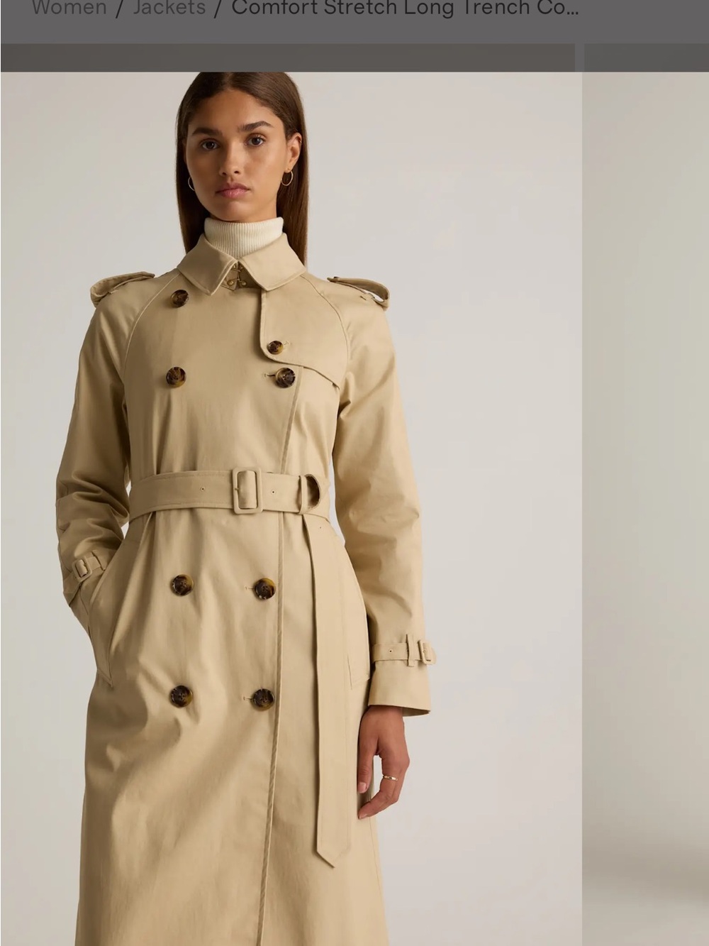 Quince Beige Double-Breasted Trench Coat with Belt - Picture 4 of 8